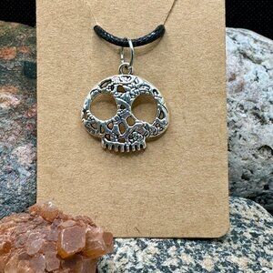 Sugar Skull Charm Necklace for Halloween. Creepy, Fun Silver Toned on Blk Cord